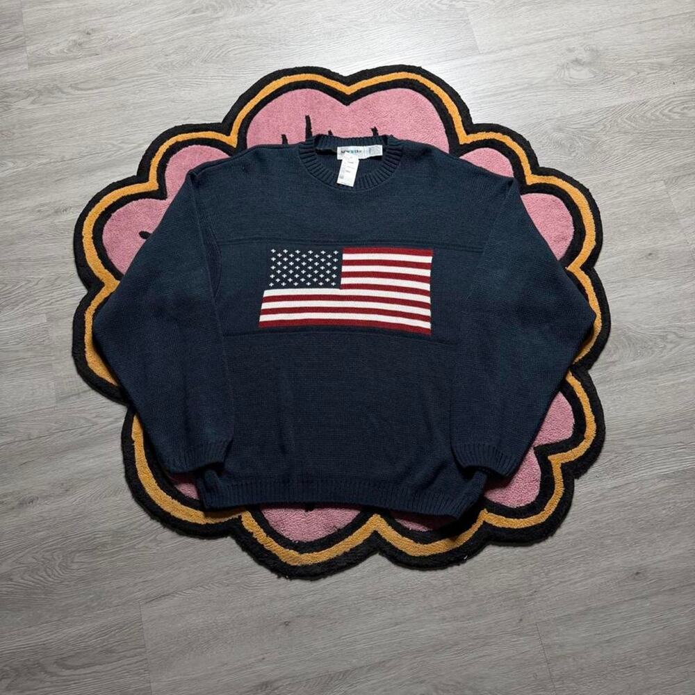 Vintage Y2K New Era American Flag Knit Sweater Size Large Navy Blue